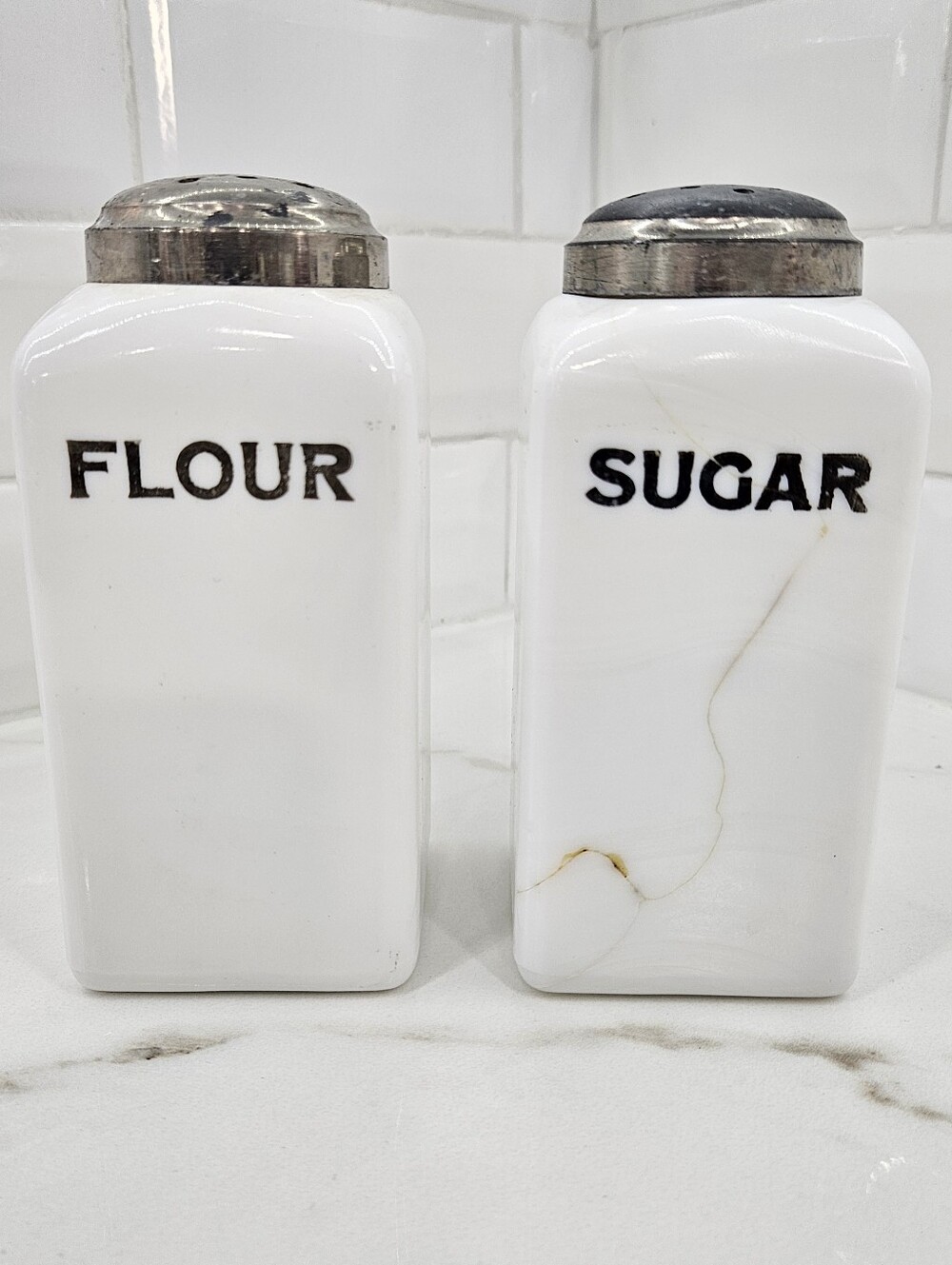 VTG Hazel Atlas Milk Glass FLOUR SUGAR Shakers Square Black Letters 40s **READ**